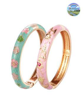 Enamel Butterfly Bracelet Set, Cloisonne Cuff Bangle, Gold Plated Jewelry Gift